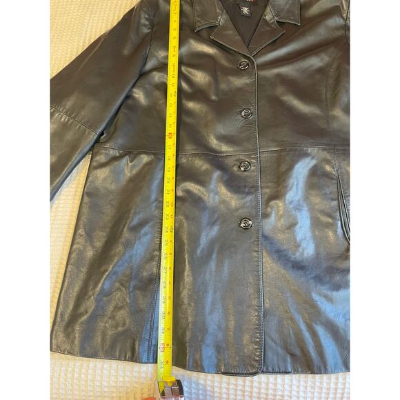 Avenue Soft Genuine Leather Black Collared Button Up Long Plus Size Jacket 22/24 - Picture 7 of 16